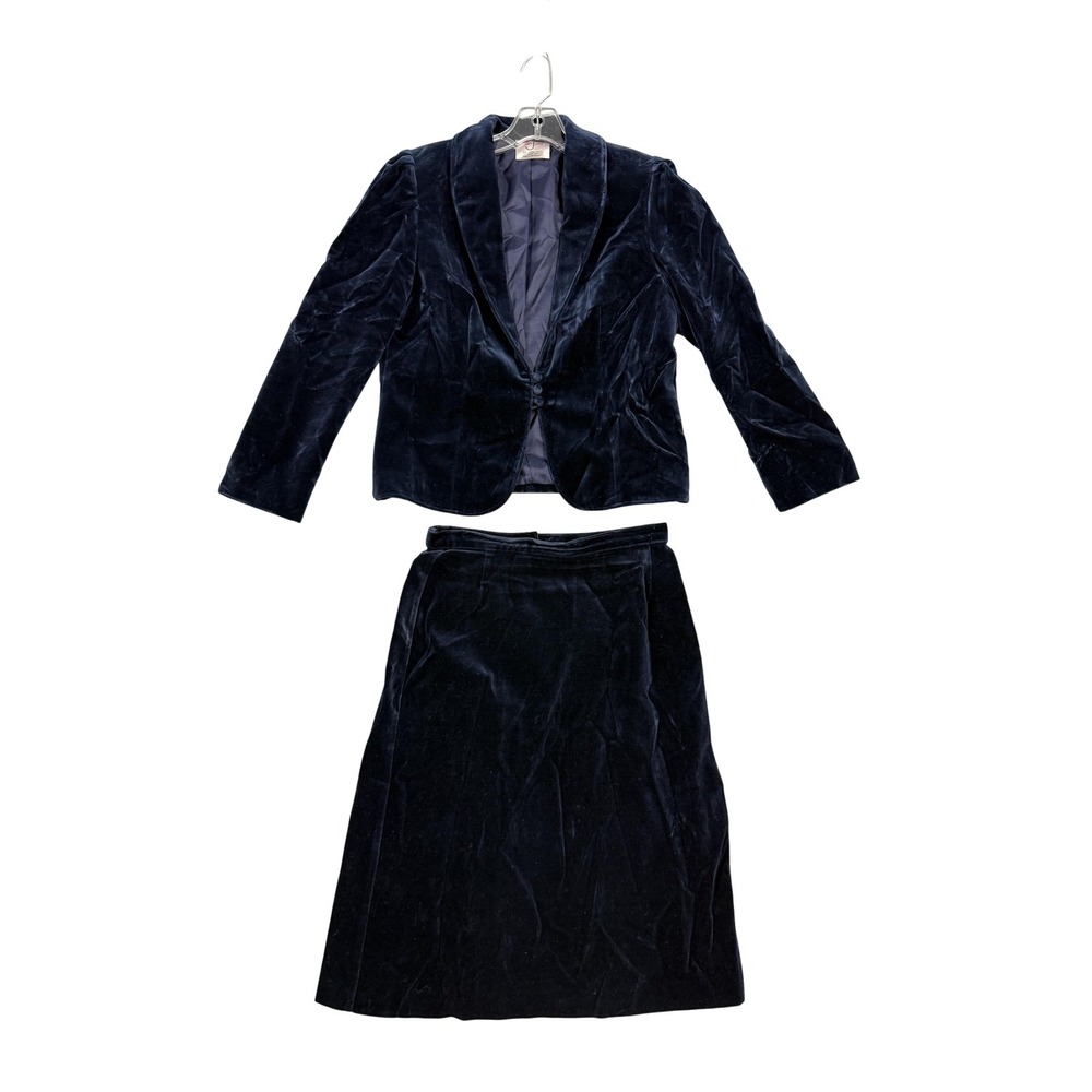 Tan Jay Outfit Womens 10 Blue Velvet Blazer Jacket Skirt 2 Piece Set Formal
